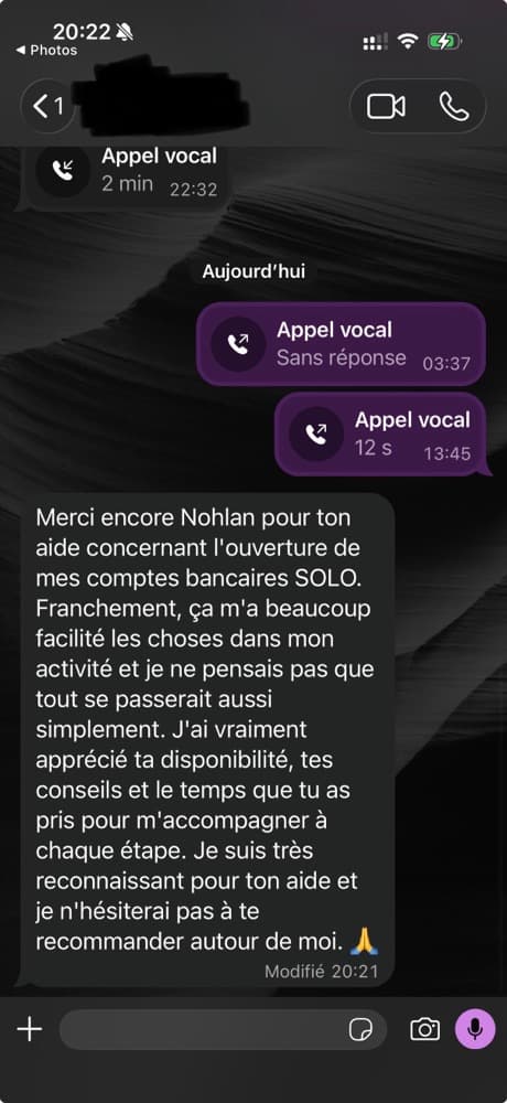 Client : remerciements pour l'ouverture de ses comptes bancaires Solo
