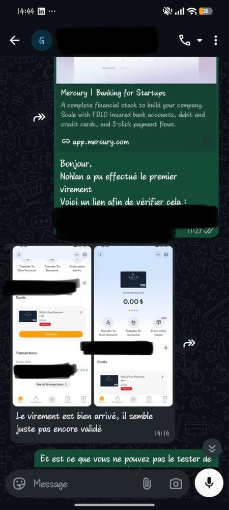 Premier virement arrivé sur le compte Solo