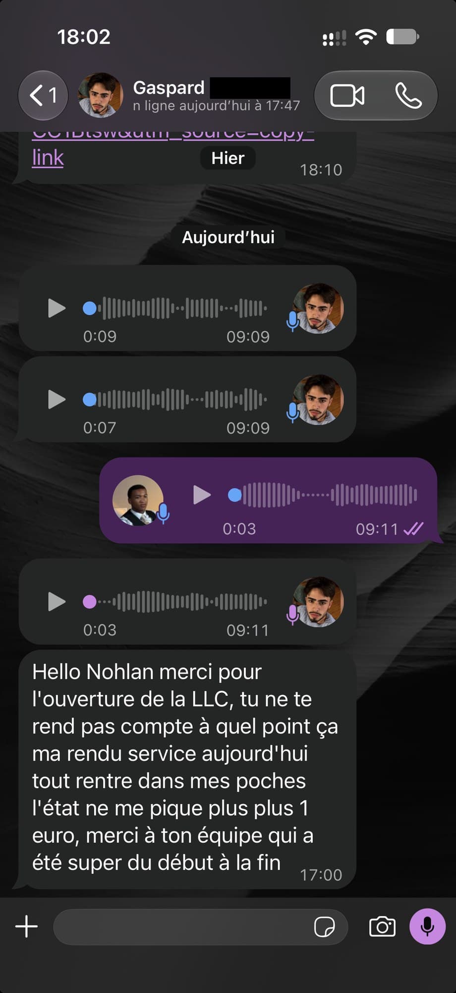 Client : remerciements après l'ouverture de sa LLC US, accompagnement salué du début à la fin