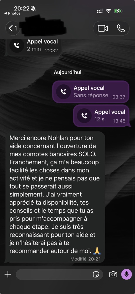 Client : remerciements pour l'ouverture de ses comptes bancaires Solo