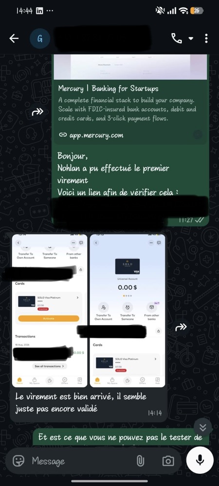 Premier virement arrivé sur le compte Solo