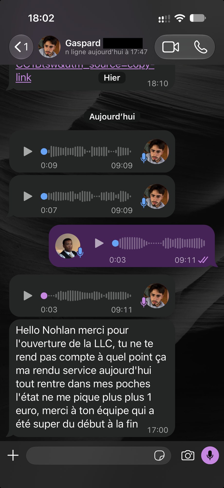 Client : remerciements après l'ouverture de sa LLC US, accompagnement salué du début à la fin